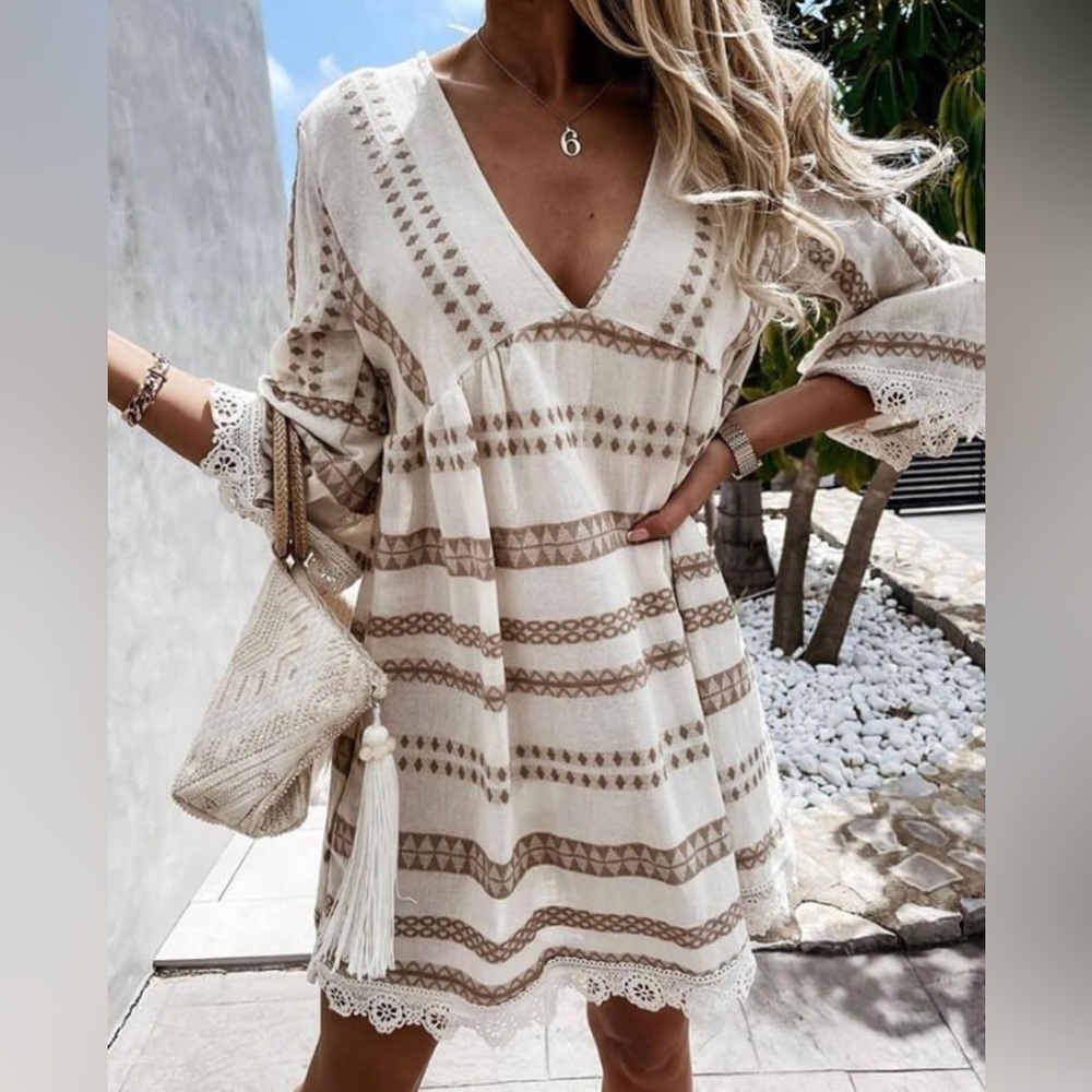 Boho Beige Mini Dress